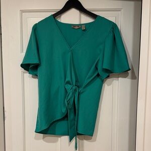 Willow Teal V-Neck Blouse with Tie Detail